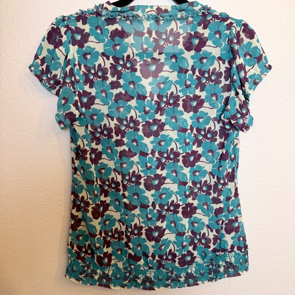 Fossil Womens Teal Purple Floral Sheer Ruffle V-Neck Blouse Top Size M - Picture 4 of 6